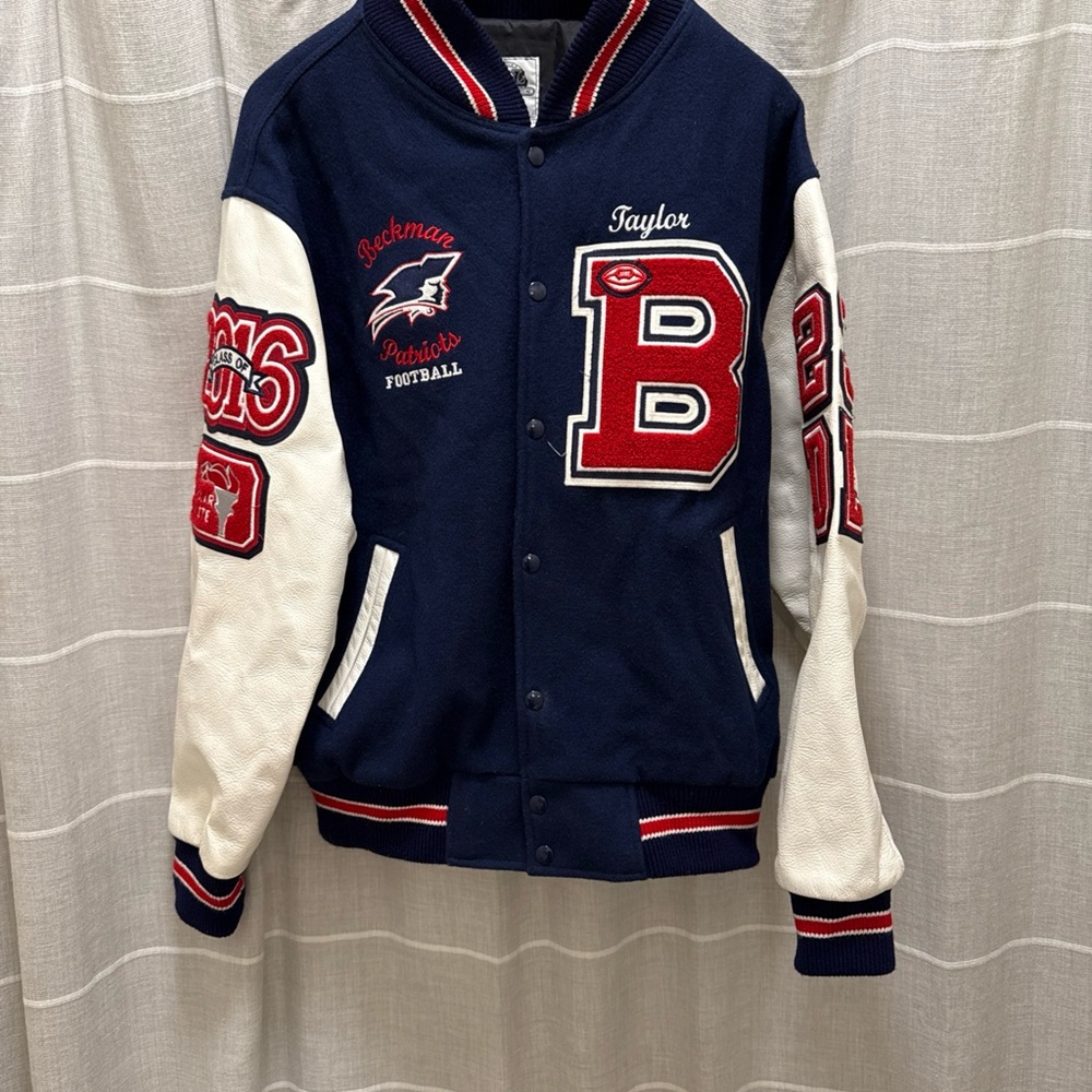 Navy & White Varsity Letterman Jacket with Red Trim